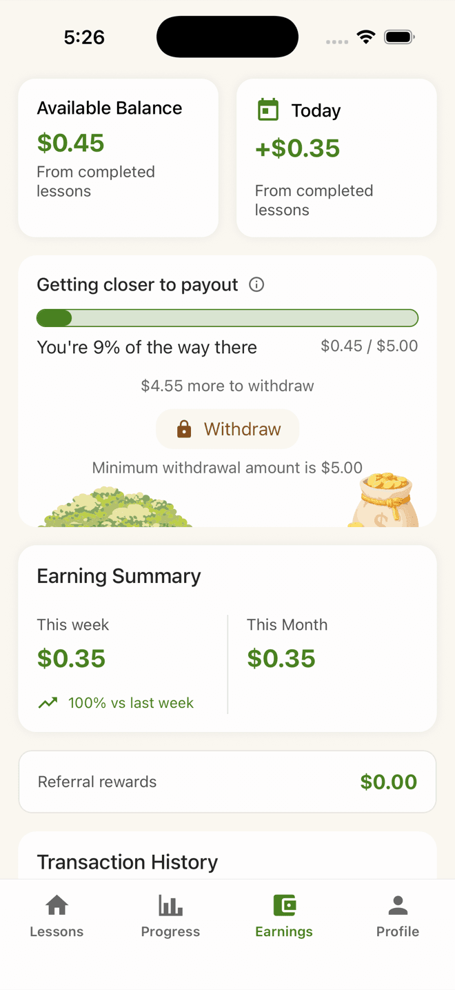 The earnings screen in the Learn & Earn app