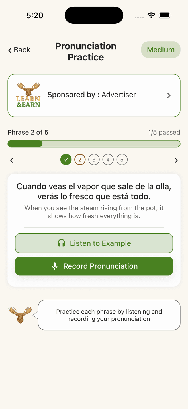 The pronunciation practice screen in the Learn & Earn app